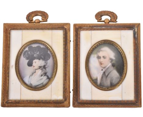 A pair of early 20th century portrait miniatures, of 19th century couple on bone backing, in gilt frame, both 7cmx9cm