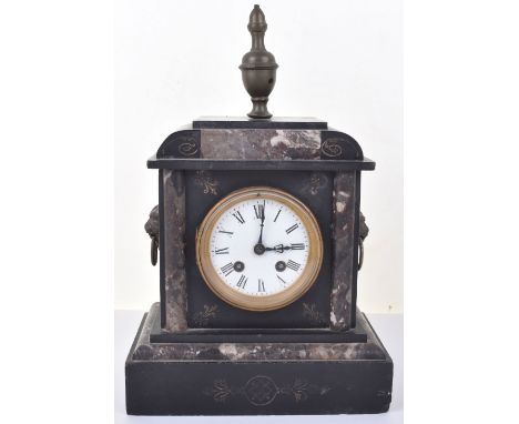 Victorian marble and black slate mantle clock, urn final, twin lion mask side handles, white enamel face with Roman numerals,
