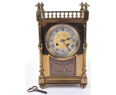 late 19th century brass mantle clock, the striking movement stamped S. Marti &amp; Cie Medaille de Bronze, silvered dial with