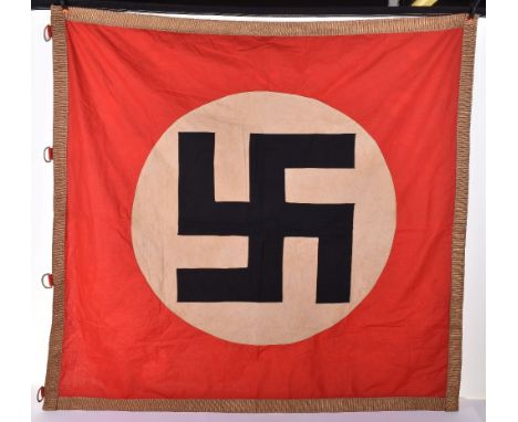 Third Reich NSDAP Banner, single sided example with large central swastika, gilt wire braid border and brass ring clips. We b