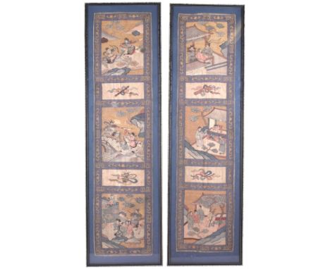 An interesting pair of 19th century Chinese silk woven embroidered panels, one depicting three scenes of subjects in meetings