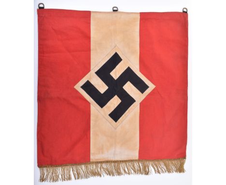 Third Reich Hitler Youth Banner, single sided example with fringed bottom edge. D ring fittings to the top edge. We believe t