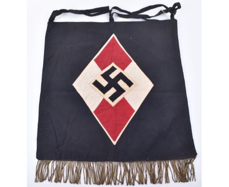 Third Reich BDM Trumpet Banner, double sided black cloth banner with HJ diamond to the centre, wire fringed bottom and cloth 