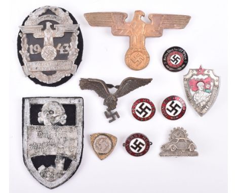Selection of WW2 German / Third Reich Badges, including enamel membership badges, gorget eagle badge, Soviet Russian badge, e