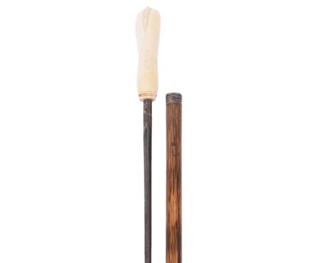 A Victorian sword stick, shaped ivory pommel, in malacca cane, square etched blade, blade 79cm