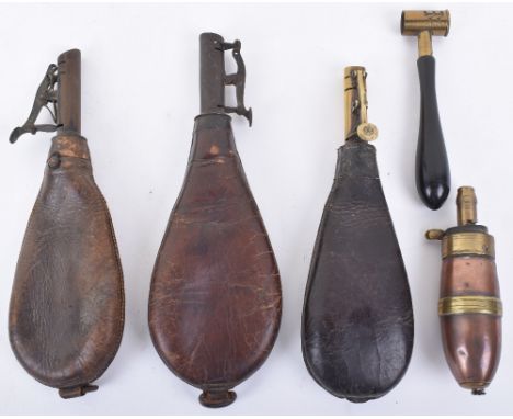Antique Copper and Brass Powder Flask, three leather shot / powder flasks and a powder measuring dipper by Dixon. (4 items) 