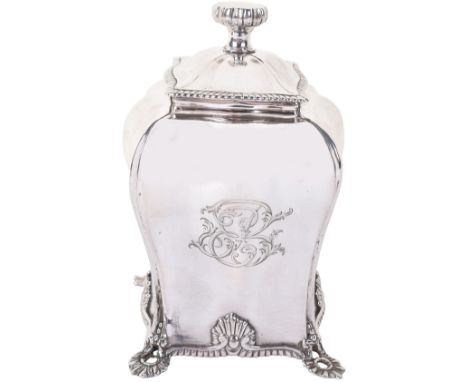 A George II silver tea caddy, Emick Romer, London 1759, of small square serpentine form, hinged lid with gadrooned border, ra