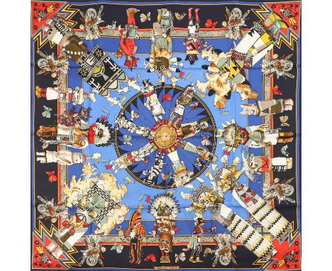 HERMÈS Seidencarré "KACHINAS", by Olivier Kermit, Entwurf erstmals erschienen 1992. Akt. NP.: 460,-€. 100% Seide. Kachinas si