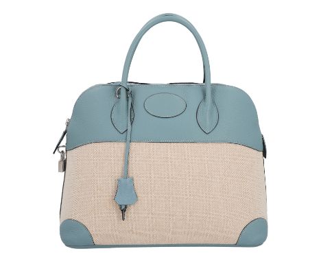 HERMÈS Henkeltasche "BOLIDE 35", Koll.: 2009. Korpus aus Toile mit Clémence-Leder Besätzen in Hellblau, Hardware mit Palladiu