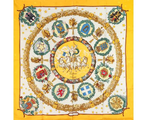 HERMÈS Seidencarré "EMBLÉMES DE L´EUROPE", by Caty Latham, Entwurf erstmlas erschienen 1993. Akt. NP.: 460,-€. 100% Seide. Mi
