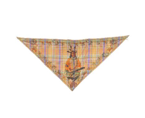 HERMÈS Tuch "PANI LA SHAR PAWNEE", by Kermit Oliver, Entwurf erstmals erschienen 1984. 100% Seide. Kariertes Modell mit India