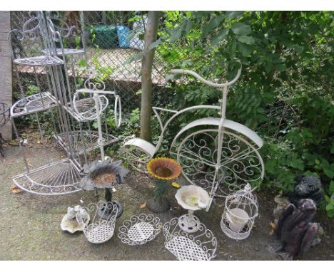 A SELECTION OF WROUGHT IRON AND CAST GARDEN GARDEN ORNAMENTS TO INCLUDE A BIKE PLANTER 