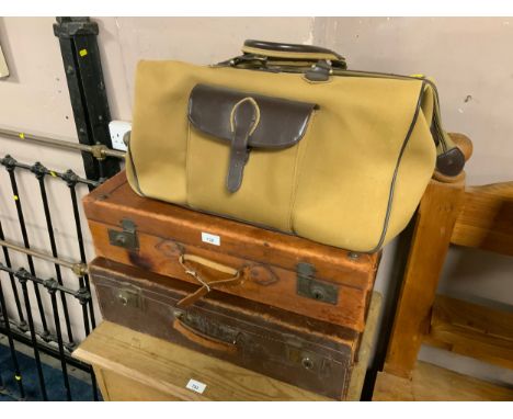 Two vintage leather suitcases together with a chaps hold all 
