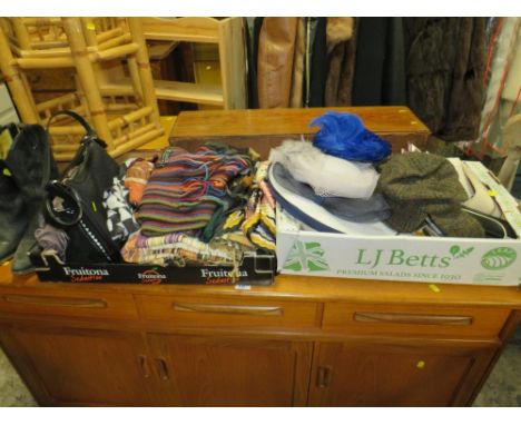 A collection of vintage textiles, hats, pair of cowboy boots, etc. 