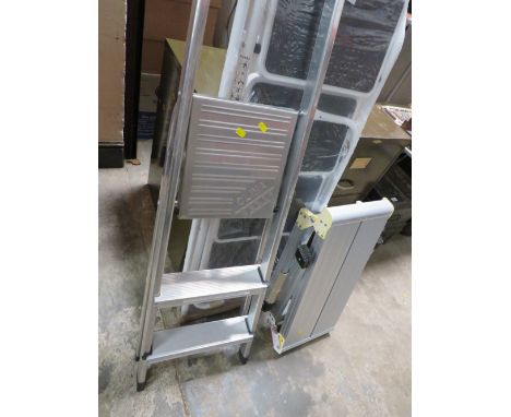 TWO SETS OF STEP LADDERS AND A FOLDING ALUMINIUM PLATFORM STEP 