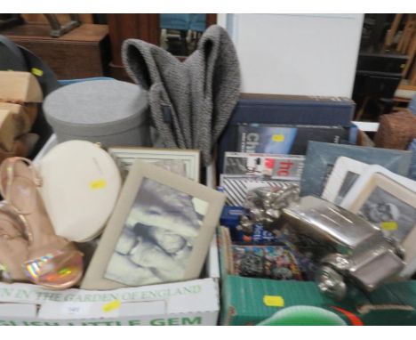 TWO TRAYS OF ASSORTED SUNDRIES TO INCLUDE CHROME EFFECT MODEL CAR, PICTURE FRAMES, BOOKS ETC