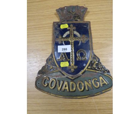 A VINTAGE ENAMELLED METAL SIGN COVADONGA 