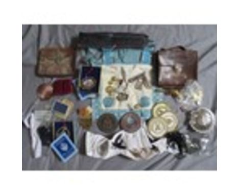 A COLLECTION OF VINTAGE MASONIC REGALIA, to include badges, pouches, apron etc.
