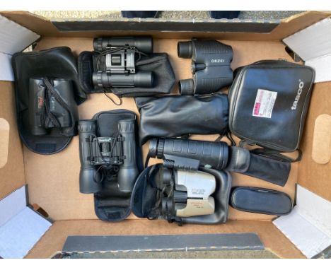 Six pairs of mini Binoculars to include digital optics laser red titanium 10 x 25 field, Tasco 8 x 30, Levenhuk 16 x 32, Irvi
