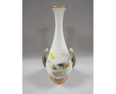 A ROYAL WORCESTER HAND PAINTED VASE, SIGNED E. SALTER DECORATED WITH CATTLE H29 CM