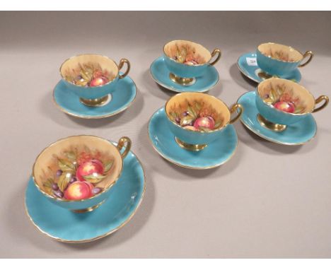 SIX AYNSLEY 'ORCHARD GOLD' CABINET CUPS AND SAUCERS - LIGHT BLUE - SIGNED 
