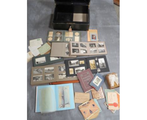 A LOCKABLE BRIGGS DEED BOX AND CONTENTS, to include loose vintage postcards and seven vintage photograph albums containing ma