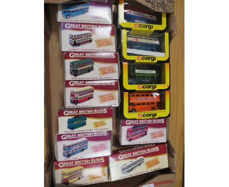 NINE BOXED GREAT BRITISH BUSES 1:76 SCALE BUSES, TROLLEY BUSES AND COACHES TOGETHER WITH FOUR BOXED VINTAGE CORGI DOUBLE DECK