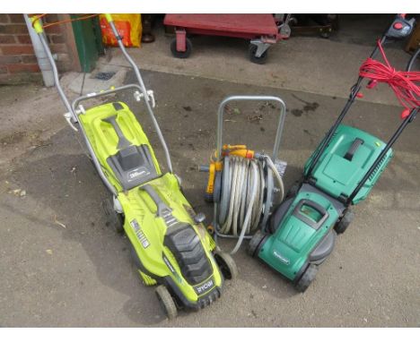 TWO ELECTRIC MOWERS COMPRISING A RYOBI AND A QUALCAST, TOGETHER WITH A HOZELOCK HOSE PIPE AND REEL 