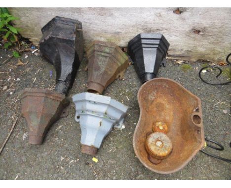 A SELECTION OF CAST IRON DRAIN / GUTTER WATER HOPPERS TOGETHER WITH A TROUGH/ PLANTER 