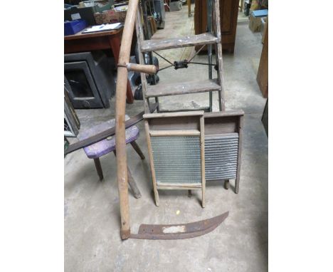 A VINTAGE WOODEN STEP LADDER TOGETHER WITH A STOOL, SCYTHE AND TWO WASH BOARDS 