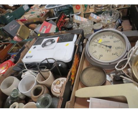 FOUR TRAYS OF ASSORTED SUNDRIES TO INCLUDE CHEMIST BOTTLES, CASED CUTLERY, PROJECTOR ACCESSORIES ETC 