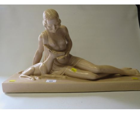 A LARGE CERAMIC ART DECO STYLE SEMI-NUDE TABLEAU FIGURE INDISTINCTLY STAMPED TO THE RIGHT F MANREAU 