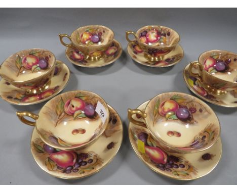 SIX AYNSLEY 'ORCHARD GOLD' CABINET CUPS AND SAUCERS - SIGNED 