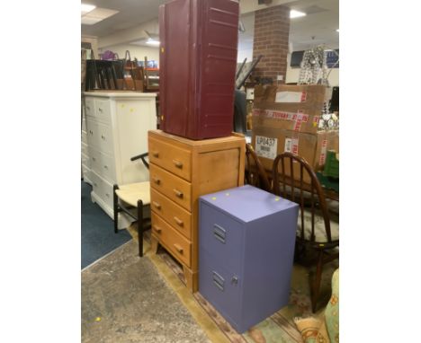 A utility style four drawer chest together with a metal two door cabinet and a metal trunk 
