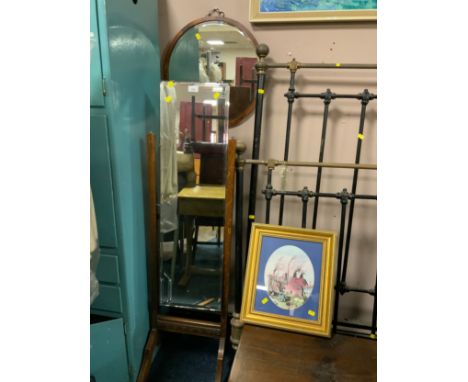 A vintage oak cheval  mirror together with a circular walnut mirror and a pot bank framed print 