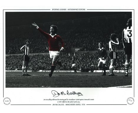 Jim McCalliog signed 16x12 inch colourised photo 'Manchester United 1974' Celebrate his winning for Manchester United against