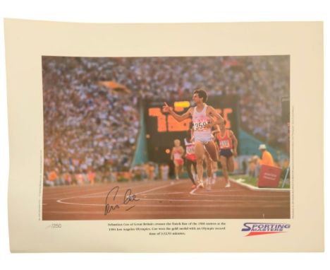 Sebastian Coe Limited Edition signed colour print 16x22 inch. Greta Britain crosses the finish line of the 1500 metres at the