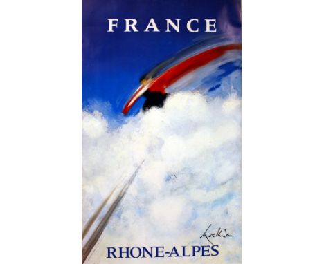 Original vintage poster for the Rhone Alps, France. Great design by Georges Mathieu (1921-2012), famous for his Air France po