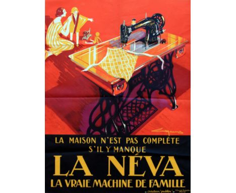 Original vintage advertising poster for Neva sewing machines. Great Art Deco image, designed by E. Maurus, featuring a mother