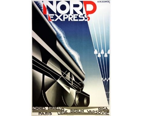 Poster for Nord Express. Dynamic Art Deco design by the notable poster artist, A.M. Cassandre (1901-1968), featuring a steam 