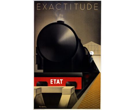 Poster designed by Fix Masseau (Pierre Felix Masseau, 1905-1994) featuring an elegant Art Deco image of a steam train pulling