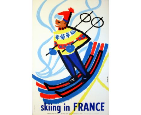 Original vintage poster advertising Skiing in France. Fun and colourful mid-century image of a skier. Excellent condition.Cou