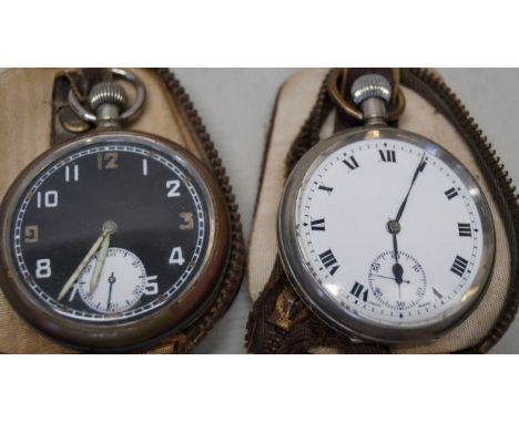 A WWII military open faced pocket watch, the black dial with Arabic numerals and white subsidiary seconds dial, with Governme