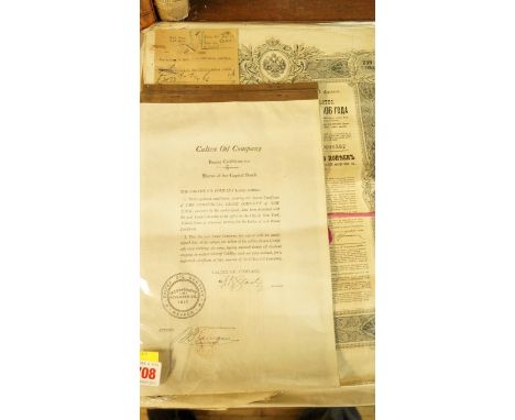 SHARE CERTIFICATES: a quantity of share certificates, to include Caltex Oil Company and Russian 5% state loan, 1906. (Small q
