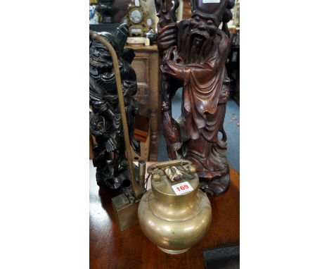 A Chinese paktong opium pipe, 43cm high; together with a Chinese brass jar and threaded cover, height including handle 22cm; 