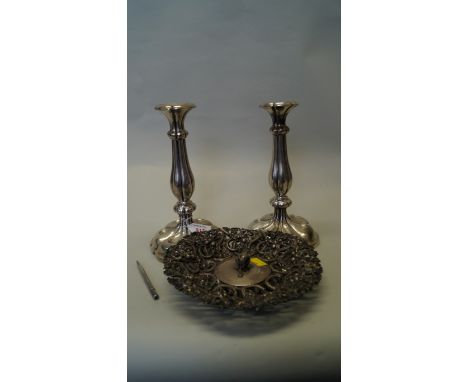 A pair of Austro Hungarian .813 hollow candlesticks, Vienna 1850, 25cm; together with an Austro Hungarian .813 pierced dish, 