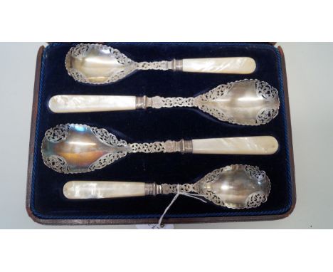 A cased set of four Victorian silver serving spoons having mother of pearl handles, by Harrison Brothers & Howson, Sheffield 