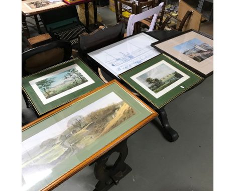 A Collection of 5 various art prints depicting galleons in harbour, Ship blue print, The South Front of the College at Hailey