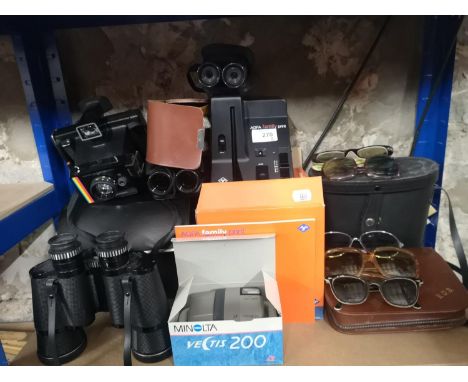 A Collection of Cameras, Binoculars,  Vanity Cases, Vintage Sun Glasses. To include Polaroid land camera 
