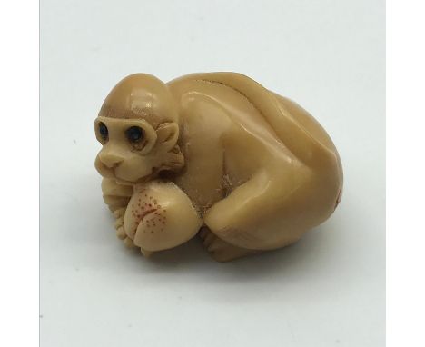A Highly detailed Japanese hand carved Tagua Nut Netsuke figure of a Monkey holding his nut, detailed with black bead eyes an